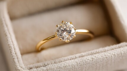 Brilliant faceted gemstone set in a polished yellow precious metal band resting inside a soft fabric jewelry container