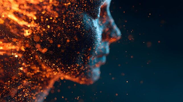 Profile of a humanlike form dissolving into radiant particles against a dark backdrop