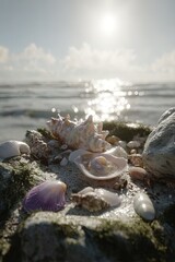 Seashells On Coastal Rocks At Sunrise
