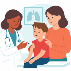 Vector of child receiving pneumonia vaccine in pediatric clinic with doctor and parent