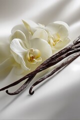 White Orchids and Vanilla Pods on Smooth Surface