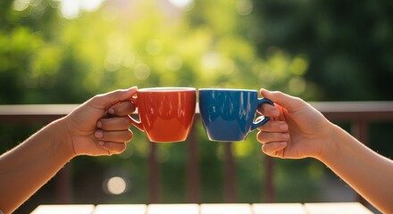 Two hands holding a red and a blue cup in front of a blurred green background.