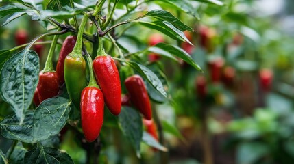 Red and green peppers on vine