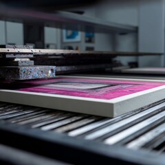 Art Printing Process Showcasing a Vibrant Pink Canvas in a Print Studio Environment with Equipment and Workspaces