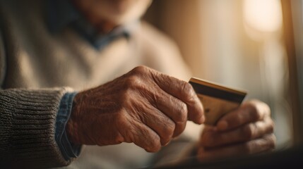 Elderly person carefully examines the magnetic strip on a financial card held between aged hands