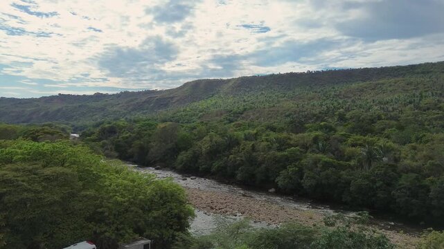 Calm tropical river under blue sky, Aerial footage of natural Colombian scenery, Sumapaz River from Tolemaida area. High quality 4k footage