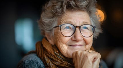 Mature woman wearing round eyeglasses smiles thoughtfully while resting her chin on her hand