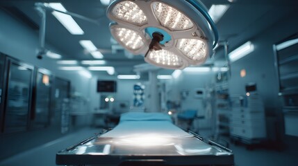 Brightly illuminated operating theater awaits patient arrival with sterile equipment visible