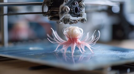 Intricate Creation of a Bioluminescent Sea Creature Modeled by an Advanced 3D Printer in a Contemporary Studio Setting