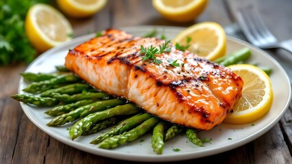 A delicious grilled salmon fillet served on a bed of fresh green asparagus with lemon wedges.