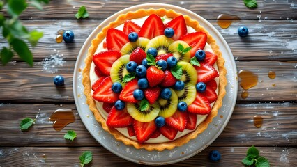 A delicious fruit tart with fresh strawberries, blueberries, and kiwi on a rustic wooden table, viewed from above.