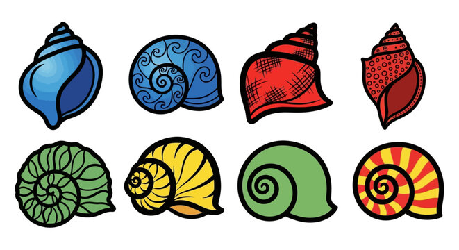 A colorful collection of conch shell vector icons featuring various shapes and spiral patterns in blue, red, green, and yellow tones. Each shell design has bold outlines and stylized textures.