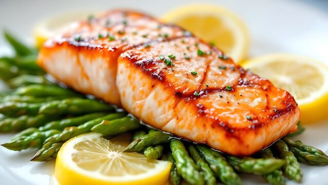 A delicious grilled salmon fillet served on a bed of fresh green asparagus with lemon wedges.
