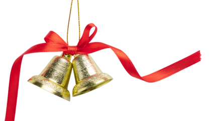 Golden christmas bells tied with a red ribbon hanging from a gold string, on a white background isolated cutout