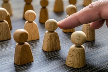 Selective Focus: A hand selects a wooden figurine from a group of others, embodying the concepts of choice, selection, and individualization.