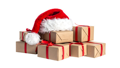 Santa hat atop a stack of brown paper wrapped christmas gifts tied with red ribbons, isolated on white, png cutout
