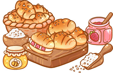 Cat and bread hand-drawn illustration