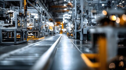 Fototapeta premium Interior view down a long automated production line within a modern industrial facility