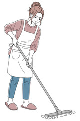 モップで掃除をする女性02