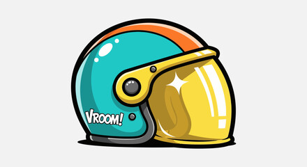 Fototapeta premium A colorful cartoon motorcycle helmet with a turquoise shell, orange stripe, and a sparkling yellow visor with a 