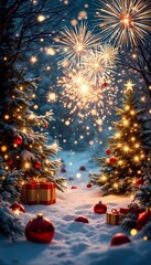 Magical Christmas fireworks above snowy forest with decorated trees and gifts