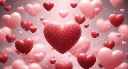 Romantic valentine's day celebration with soft pink and red heart shapes floating art. A romantic display of floating hearts in various shades of pink and red on a soft background