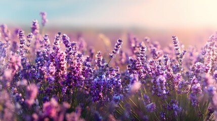 Naklejka premium Abundant purple blossoms fill a sunlit field during golden hour