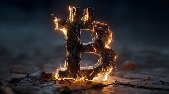 Glowing, fiery cryptocurrency symbol emerges from cracked, dark ground