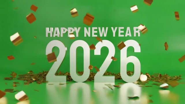 Happy new year text with white 2026 and falling confetti on a bright green background surface video