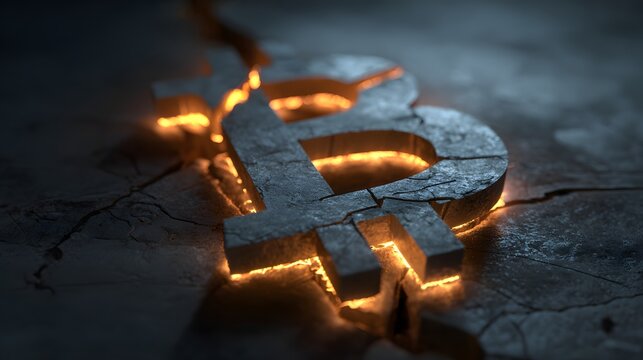Cracking stone digital currency symbol emits bright internal light from fissure