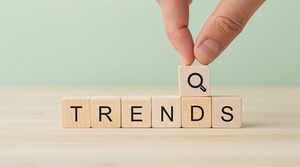 Symbolizing online trends and digital marketing. Search and trending topics. TRENDS, rising chart, hashtag symbol, and search icon. SEO, social media.