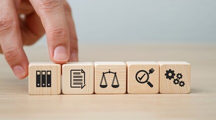 Business management and compliance with icons a binders, a checklist, scales of justice, a magnifying glass, and gears with a checkmark. Regulation, governance, auditing, and quality control.