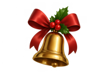 Golden christmas bell ringing with festive spirit, featuring a red ribbon and holly, representing holiday celebration