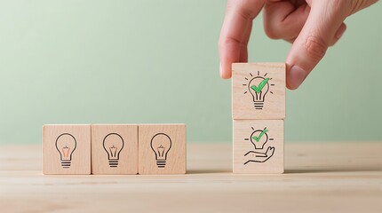 Creativity, innovation. Symbolizing the chosen or best idea. A person’s hand is placing the top block to complete the picture. Professional and motivational.