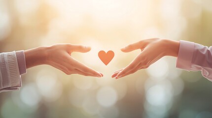 Care, compassion, and support. Illustration of two hands reaching toward each other with a heart symbol in the center. Represents teamwork, empathy, giving, or humanitarian values.”