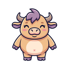 Happy Baby Bull Calf Cartoon Character with Purple Hair Standing and Smiling