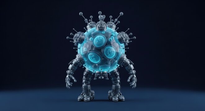 3d render of a menacing robot virus creature with glowing blue core