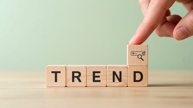 Symbolizing online trends and digital marketing. Search and trending topics. TRENDS, rising chart, hashtag symbol, and search icon. SEO, social media, and digital analytics.