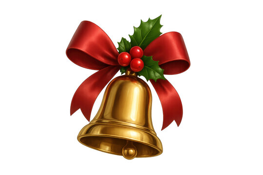 Golden christmas bell ringing with festive spirit, featuring a red ribbon and holly, representing holiday celebration