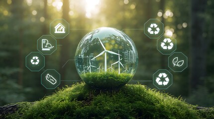 Symbolizing eco-friendly urban development. Sustainability and green technology symbols such as CO₂ reduction, renewable energy, recycling, water conservation. Clean energy, and environmental.