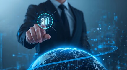 Symbolizing global growth and digital transformation. Innovation, process improvement, and productivity. Connectivity and global reach.