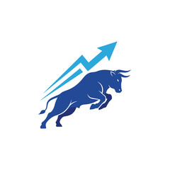 Dynamic Bull Market Trend Icon with Blue Bull and Zigzag Upward Arrow, symbolizing volatile yet positive financial growth.