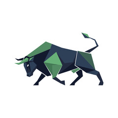 Geometric Polygon Bull Icon in Blue and Green, representing modern strength, abstract art, and digital finance concepts.