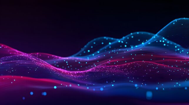 Glowing digital waves flow across a dark background with illuminated particle trails - Powered by Adobe