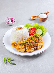 Indonesian Spicy Fried Chicken with Green Chili and Rice – Traditional Ayam Geprek Sambal Hijau Asian Cuisine Food Photography