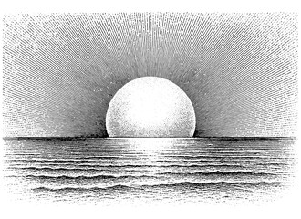Vintage engraving of a sunrise above the sea, detailed stipple line art in black and white, calm and timeless fine-art landscape.