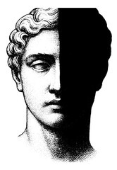 Classical statue head half in shadow, vintage engraving style symbolizing duality and contrast between light and darkness.