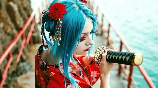 Vibrant Blue Hair with Intricate Braids and Floral Patterned Accessories Near Water, Capturing Serenity and Intensity in Striking Portrait