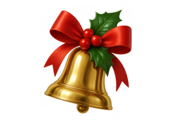 Golden christmas bell decorating with red ribbon bow, green holly leaves and berries for holiday seasonal celebration
