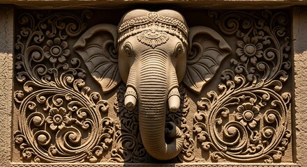 Intricate Carved Stone Elephant Head and Ornate Floral Motifs on Ancient Temple Wall.